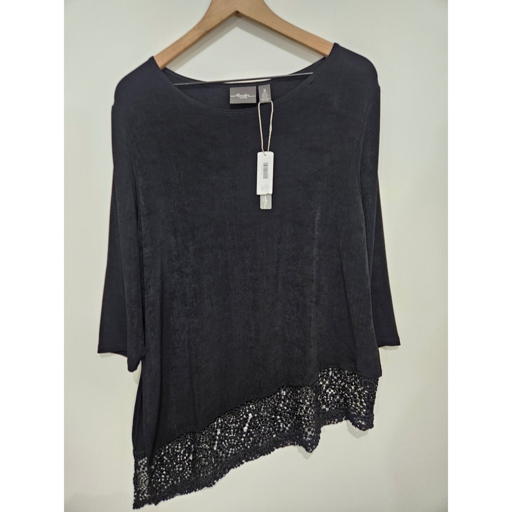 Chicos Travelers Black Lace Hem Top 3/4 Sleeve Asymmetrical Size 3 570208632‎